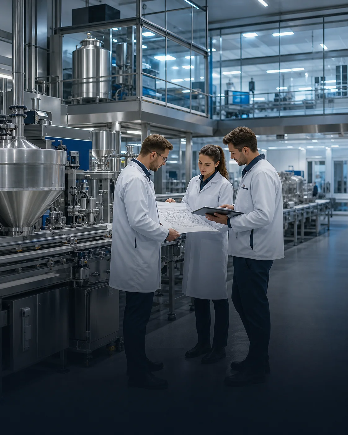 Engineers reviewing a production layout beside high-end stainless-steel food-processing machinery
