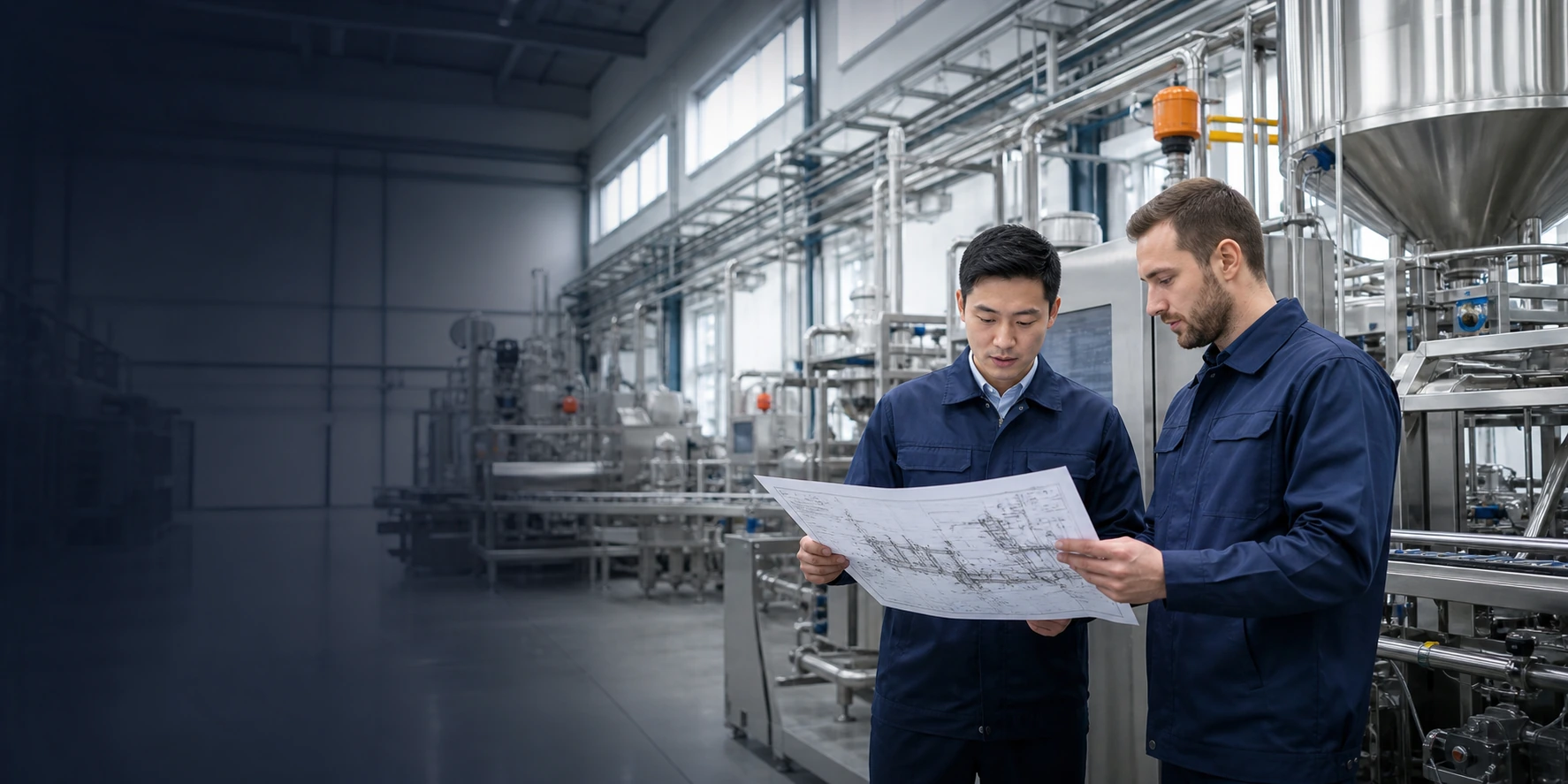 Two food-processing equipment engineers reviewing a production-line drawing in a modern factory