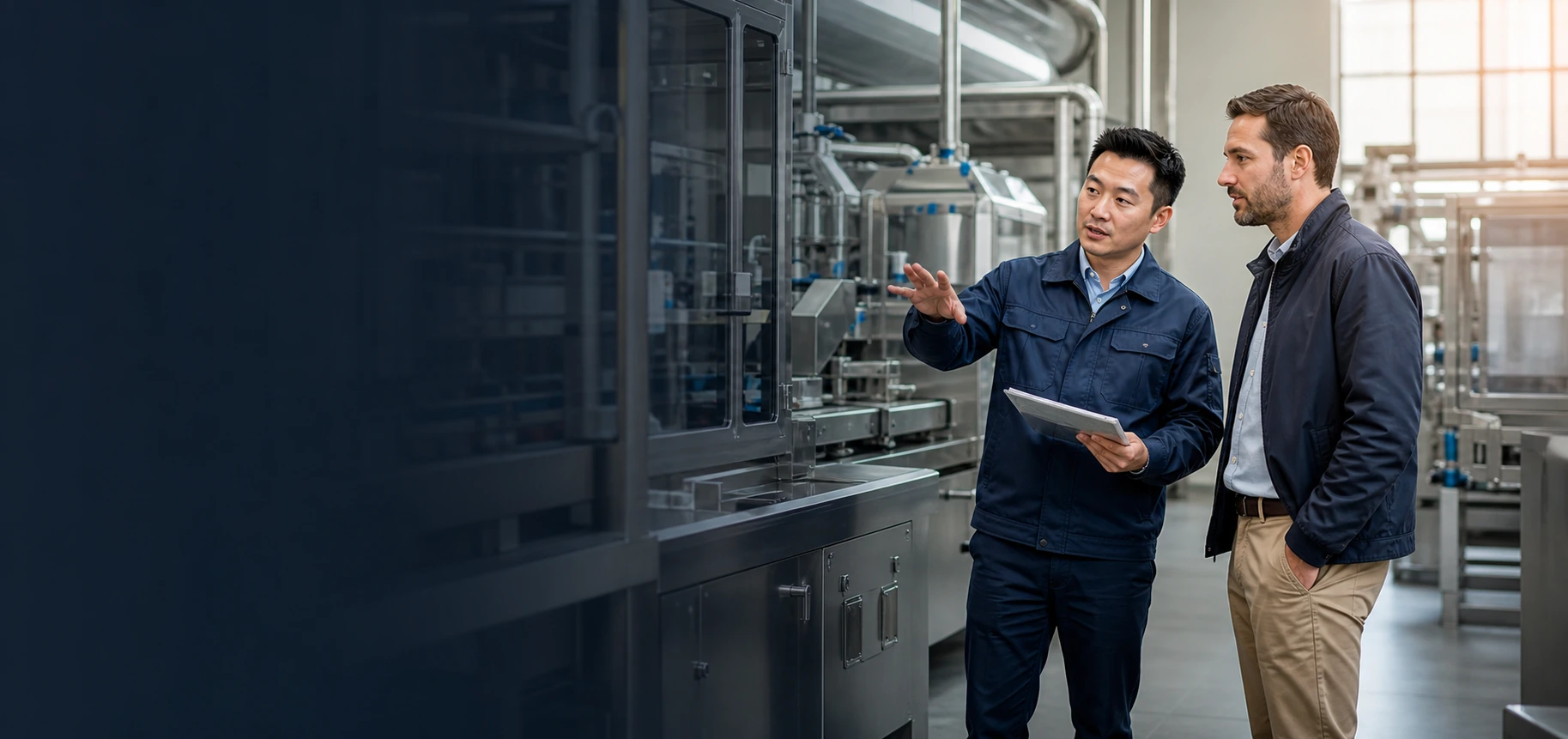 An equipment specialist discussing a tailored food-production solution with an international customer