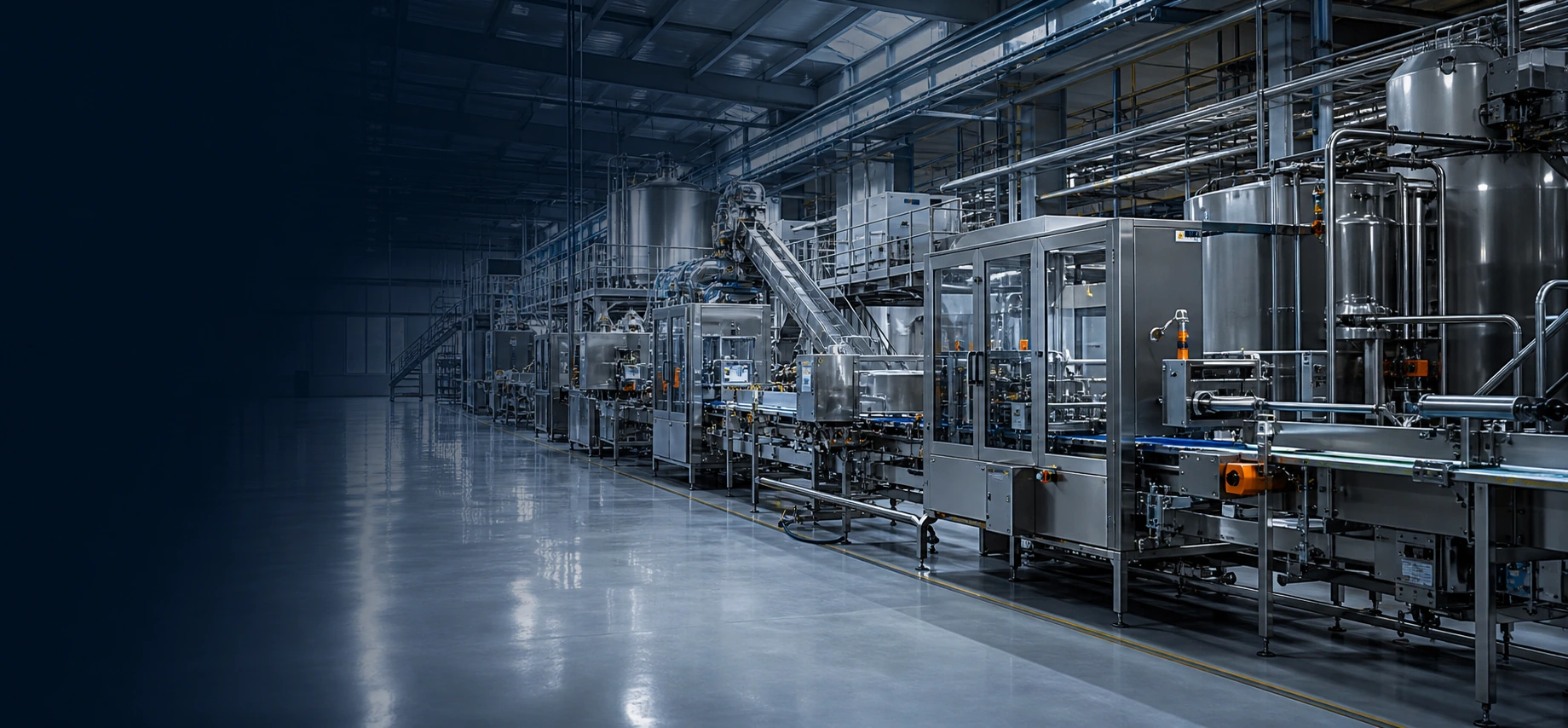 A complete automated stainless-steel food-processing production line in a modern factory
